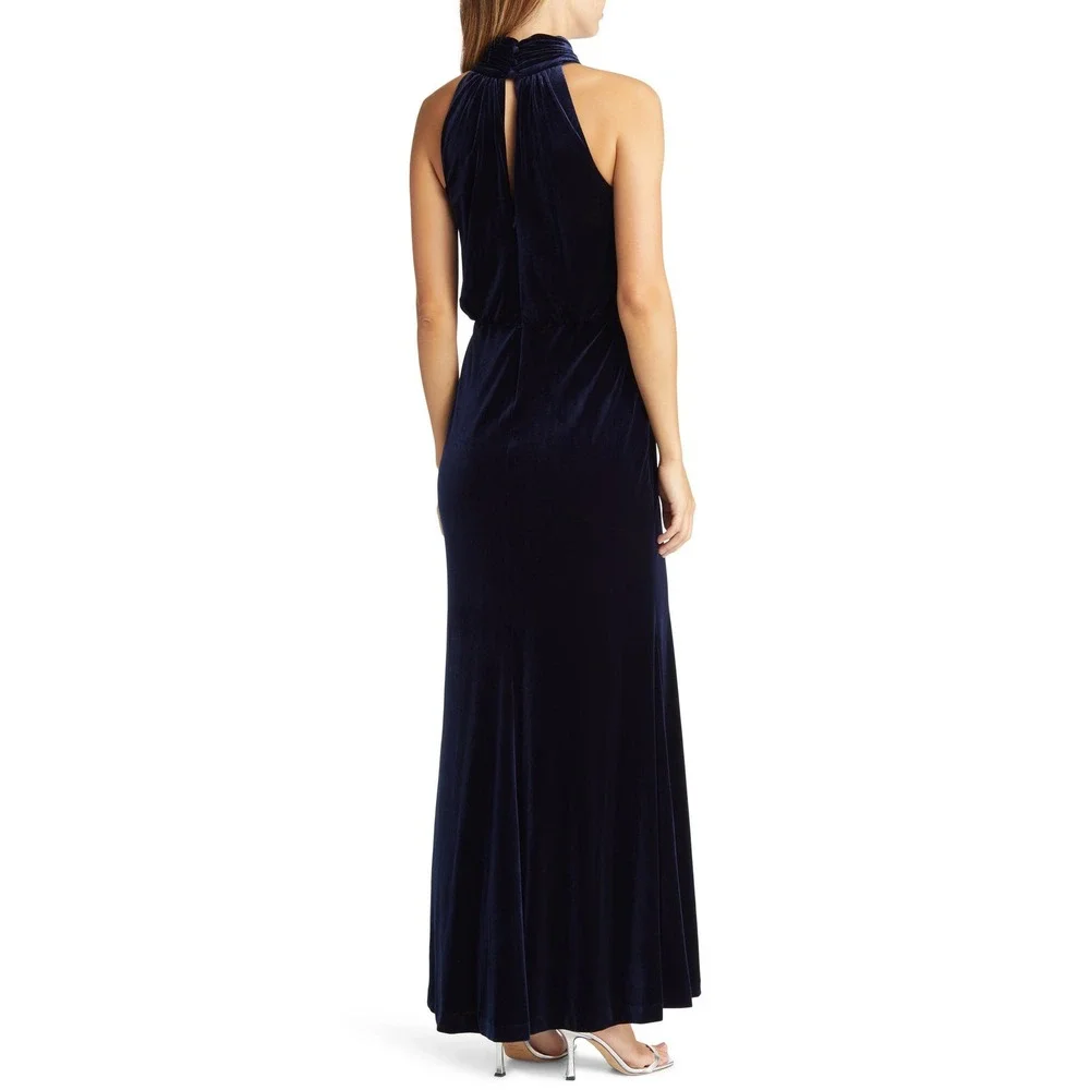 Eliza J Navy Blue Velvet Halter Neck Maxi Gown EJ1M9028 Womens 8 NWT - Picture 2 of 10